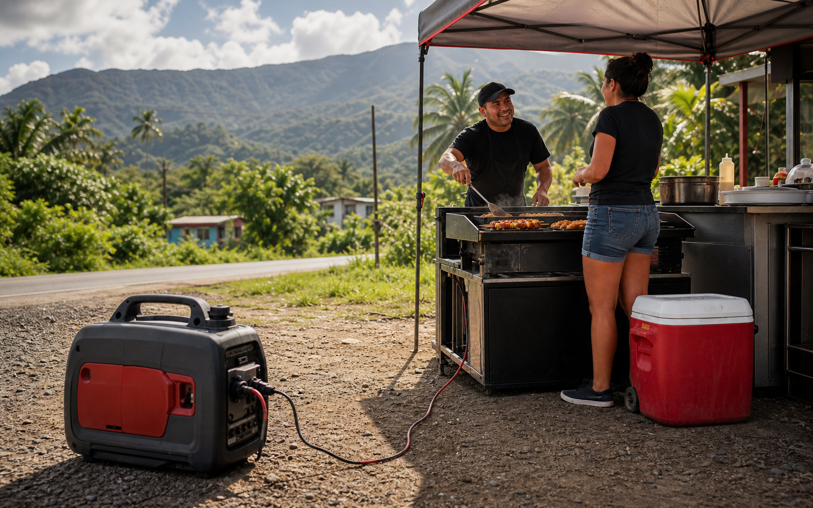 Puerto Rico mobile food stand powered by a visible portable generator