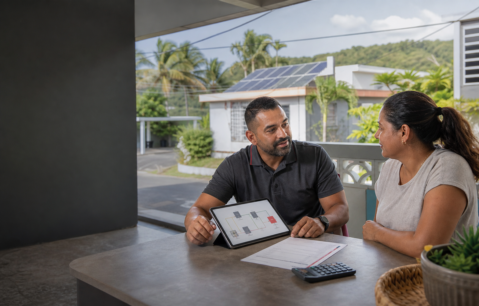Puerto Rico property owner reviewing an energy project financing plan with a DUO consultant