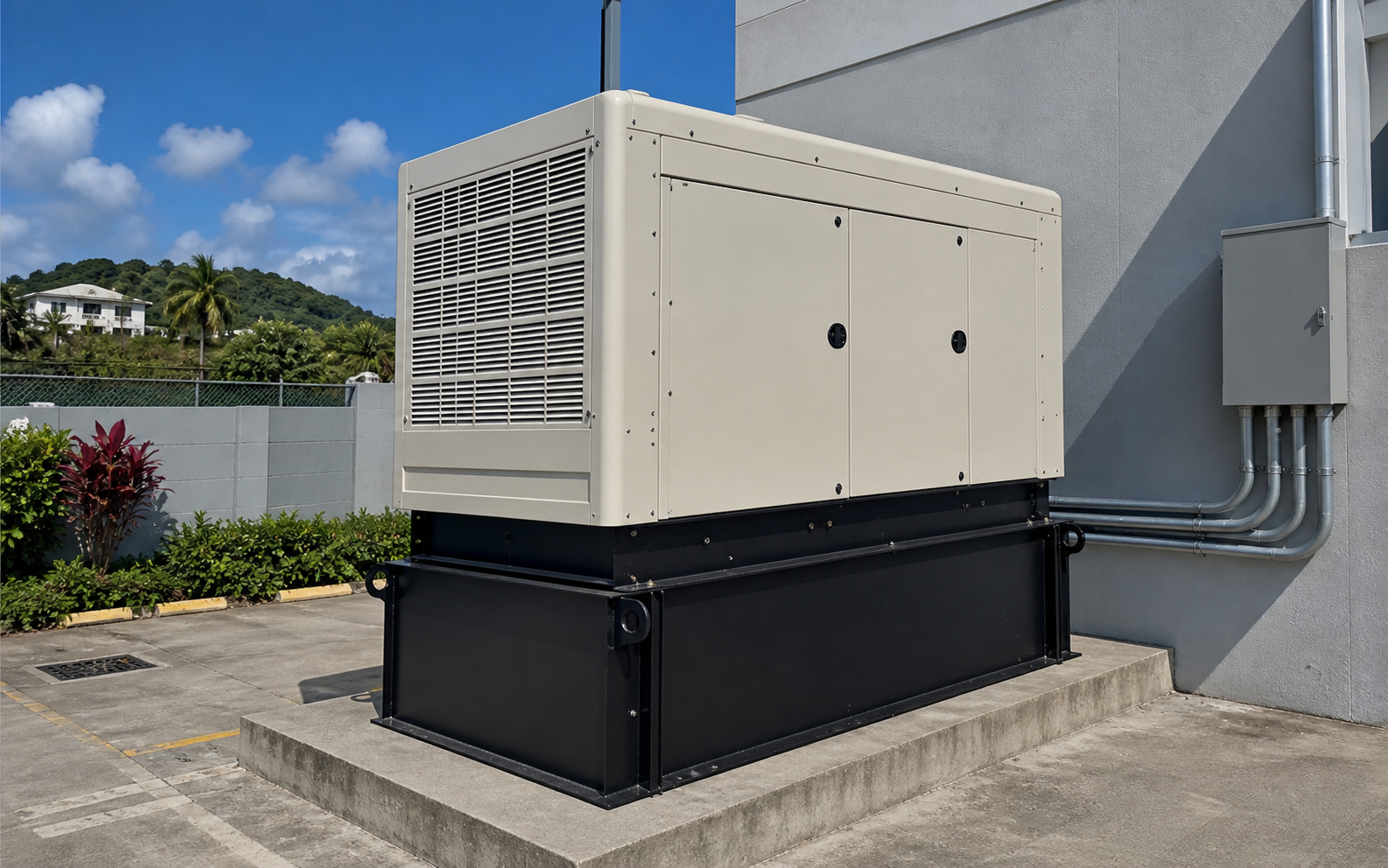 Enclosed diesel generator installed above an integrated fuel tank at a Puerto Rico property