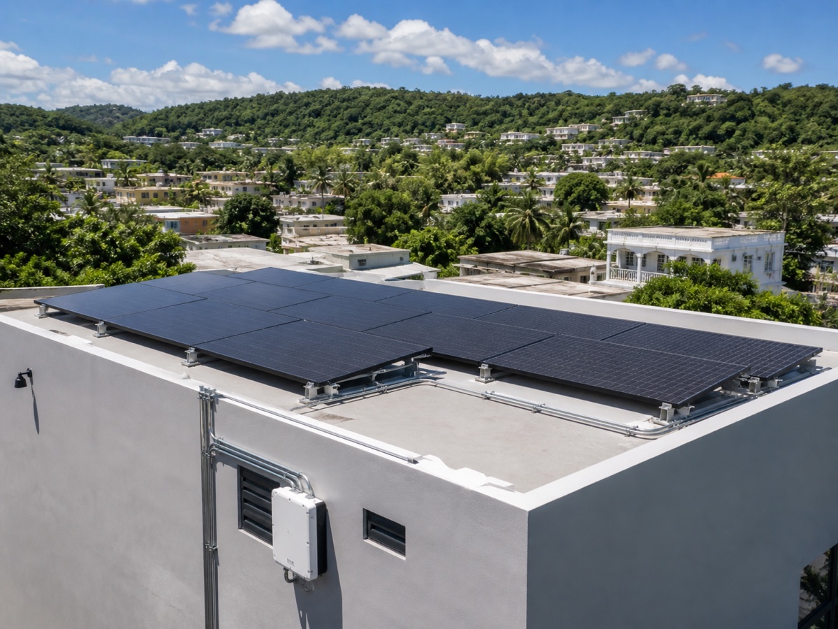 Solar panels installed on a rooftop in a Puerto Rico neighborhood