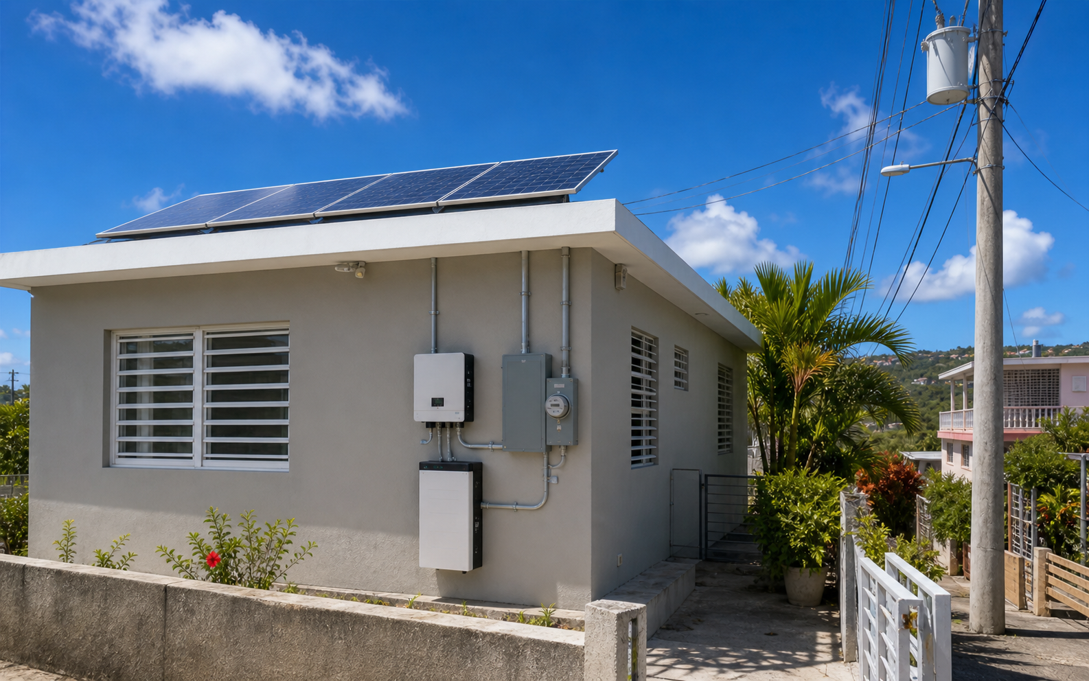 Illustration of a Puerto Rico home with solar panels, batteries, and grid connection