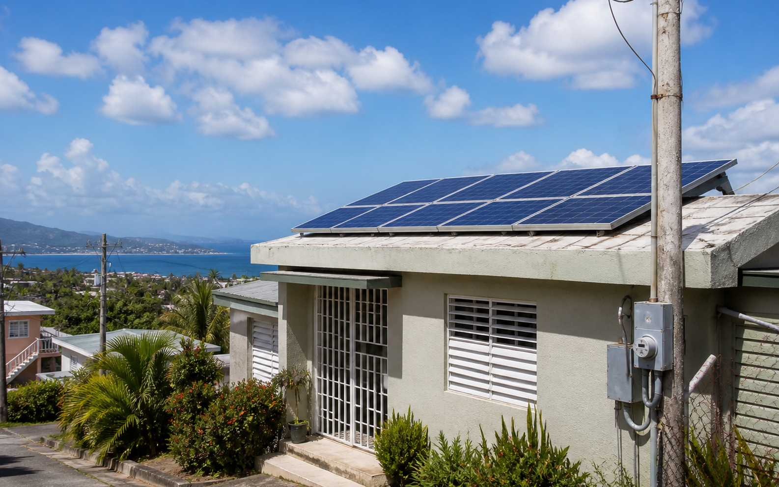 Illustration of a Puerto Rico home with solar panels connected to the electrical grid