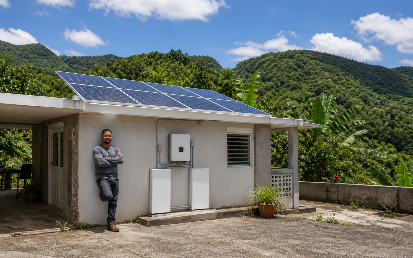 Illustration of an independent Puerto Rico property powered by solar panels and batteries